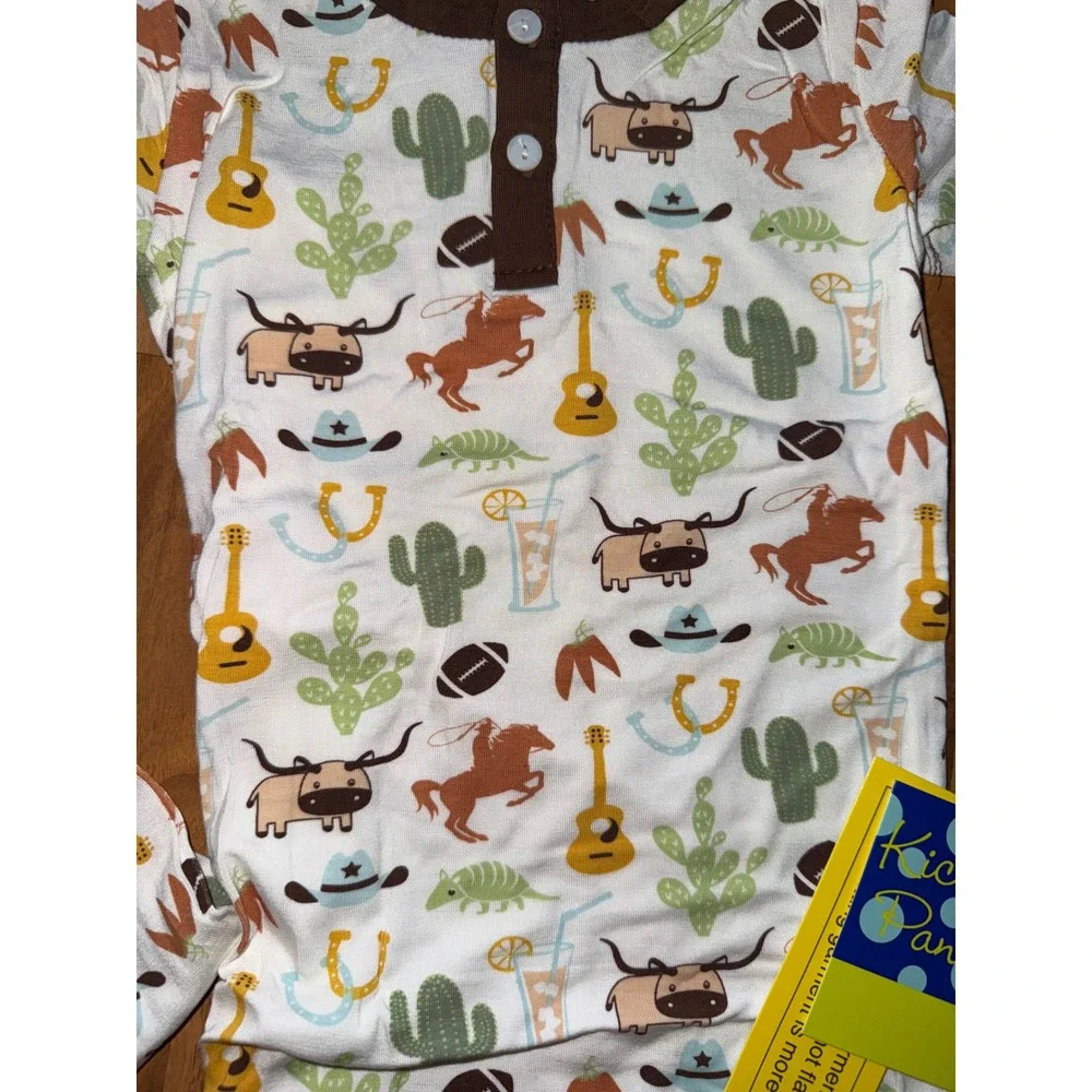KicKee Pants Pajama Set Toddler 4T White‎ Western Cowboy Bamboo NEW NWT Henley